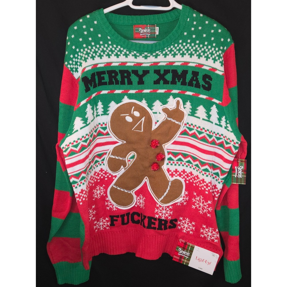 Spencers Workshop Adult‎ Ugly Christmas Sweater Gingerbread Man Light Up XL
